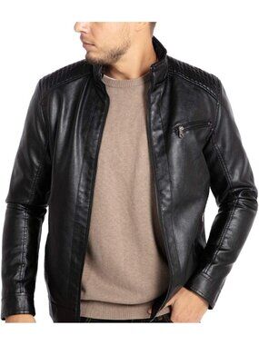 Men’s Faux Leather Motorcycle Jacket Stand Collar Lightweight Biker Coat-Black13